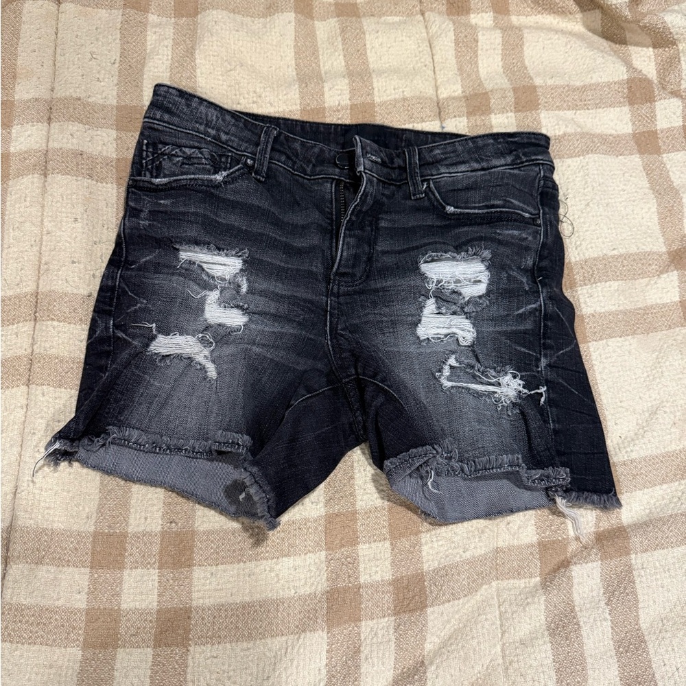 Buckle Distressed Black Jean Shorts